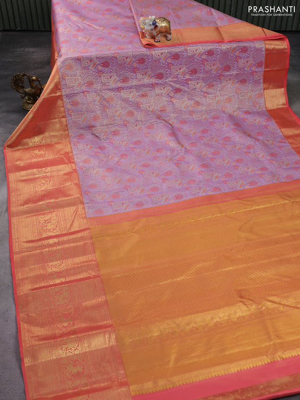 Kanchipuram tissue silk saree lavender and peach with allover zari woven brocade weaves and long zari woven border