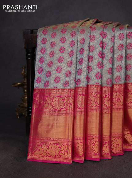 Kanchipuram tissue silk saree pastel blue and pink with allover zari woven brocade weaves and long zari woven border
