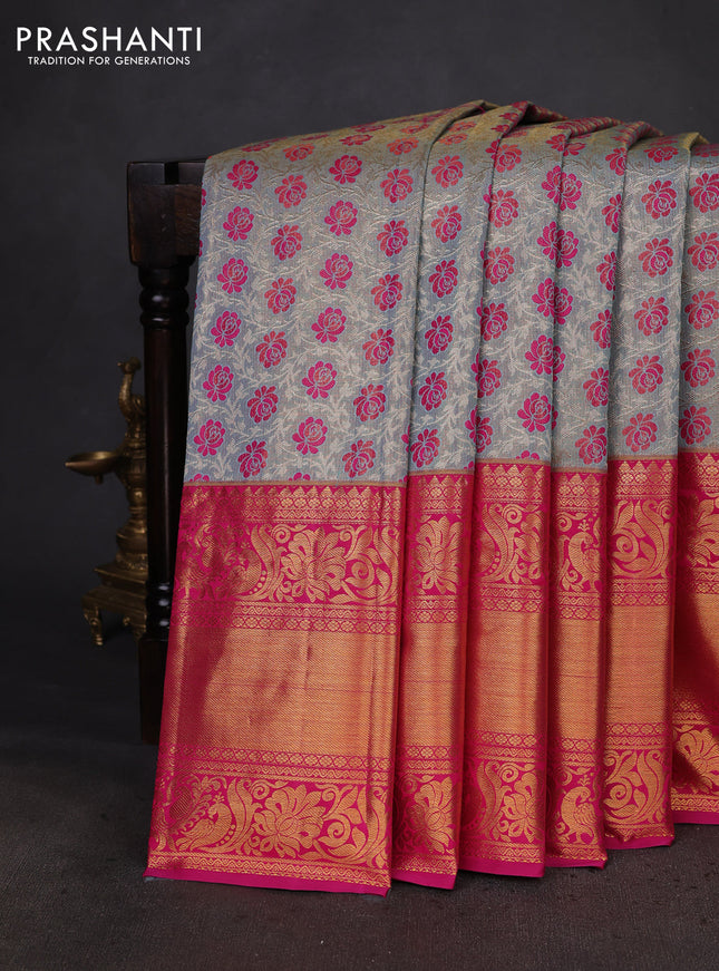 Kanchipuram tissue silk saree pastel blue and pink with allover zari woven brocade weaves and long zari woven border