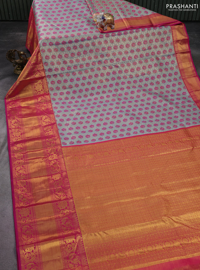 Kanchipuram tissue silk saree pastel blue and pink with allover zari woven brocade weaves and long zari woven border