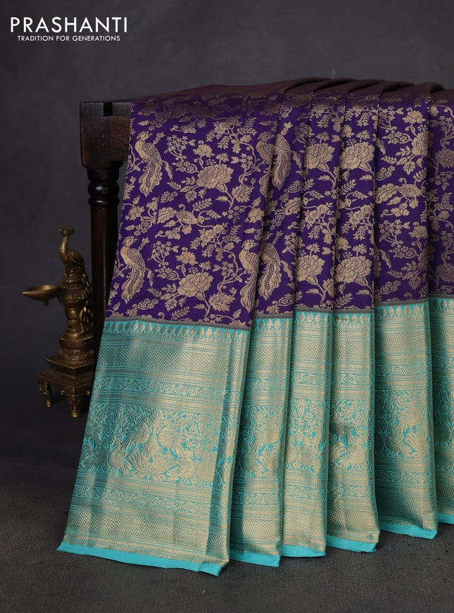 Kanchipuram silk saree violet and teal blue with allover zari woven brocade weaves and long zari woven border