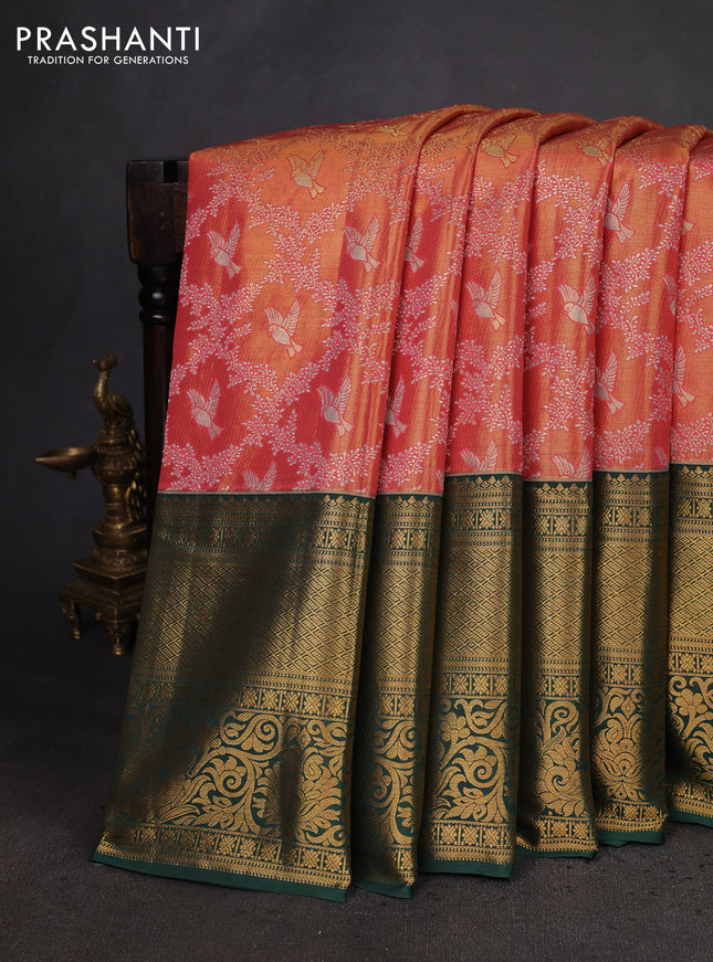 Kanchipuram tissue silk saree peach pink and green with allover zari woven brocade weaves and long zari woven border