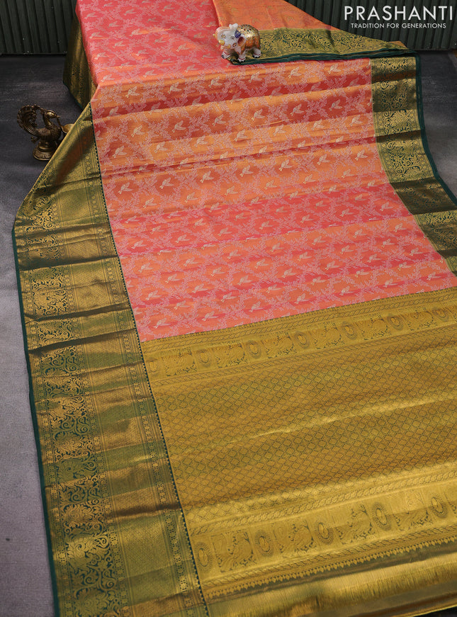 Kanchipuram tissue silk saree peach pink and green with allover zari woven brocade weaves and long zari woven border
