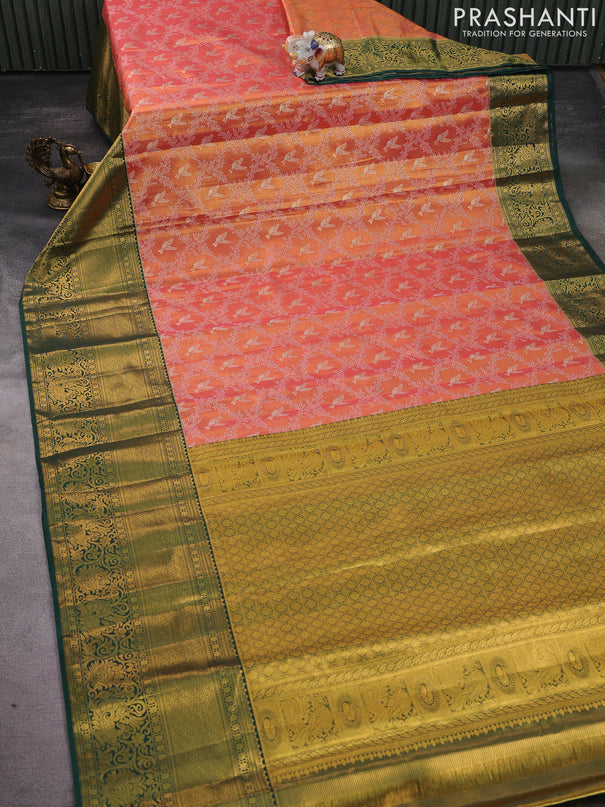 Kanchipuram tissue silk saree peach pink and green with allover zari woven brocade weaves and long zari woven border
