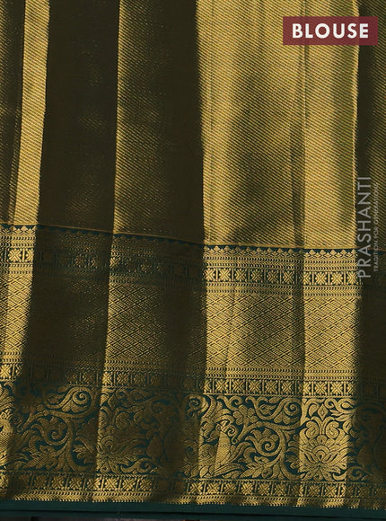 Kanchipuram tissue silk saree peach pink and green with allover zari woven brocade weaves and long zari woven border