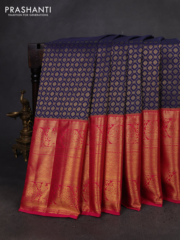 Kanchipuram silk saree dark blue and pink with allover zari woven brocade weaves and long zari woven border