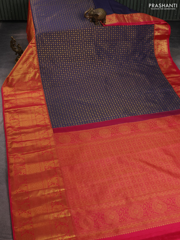 Kanchipuram silk saree dark blue and pink with allover zari woven brocade weaves and long zari woven border