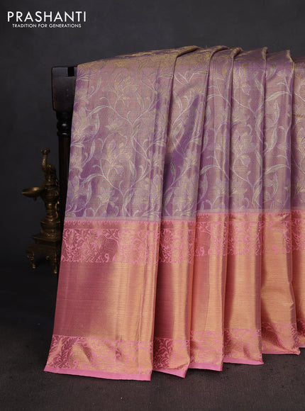 Kanchipuram tissue silk saree pastel lavender and peach pink with allover zari woven brocade weaves and long zari woven border