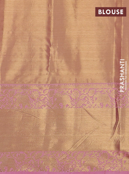 Kanchipuram tissue silk saree pastel lavender and peach pink with allover zari woven brocade weaves and long zari woven border