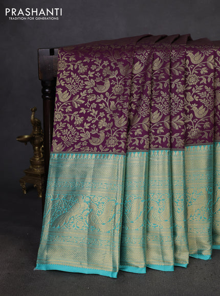 Kanchipuram silk saree purple and teal blue with allover zari woven brocade weaves and long zari woven border