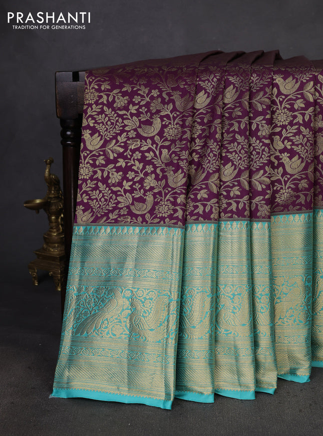 Kanchipuram silk saree purple and teal blue with allover zari woven brocade weaves and long zari woven border