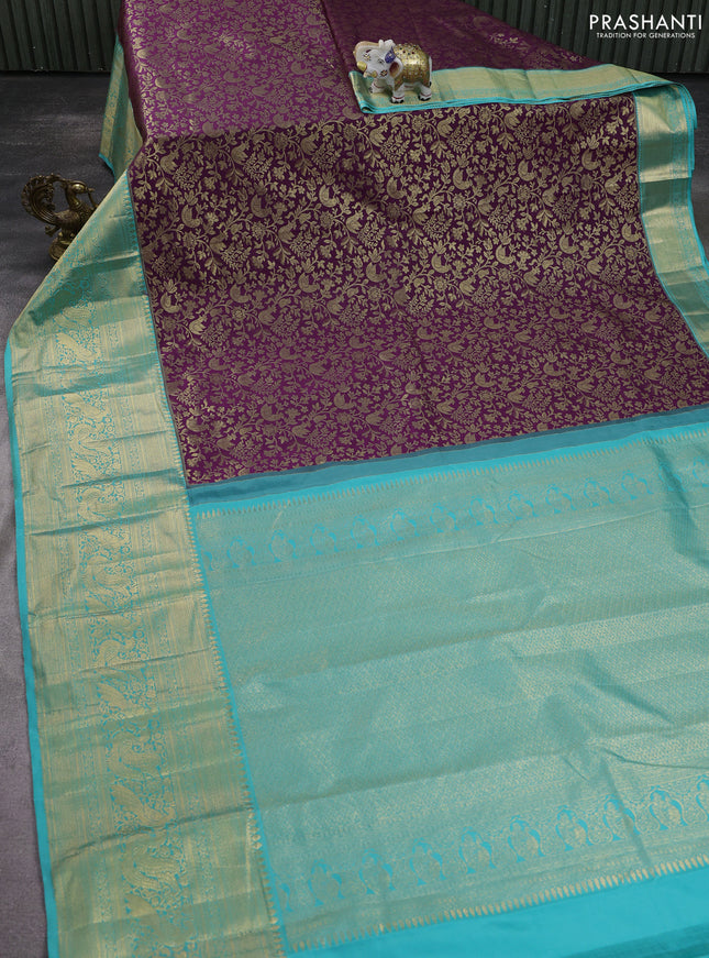 Kanchipuram silk saree purple and teal blue with allover zari woven brocade weaves and long zari woven border