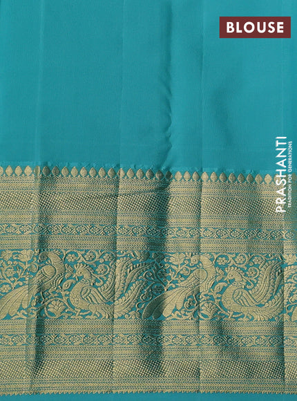 Kanchipuram silk saree purple and teal blue with allover zari woven brocade weaves and long zari woven border