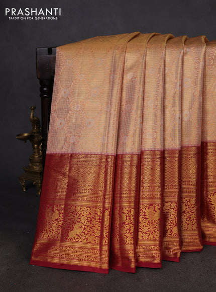 Kanchipuram tissue silk saree peach pink and maroon with allover zari woven brocade weaves and long zari woven border