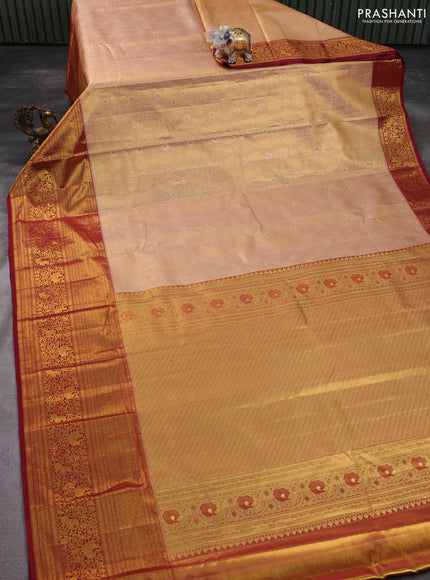 Kanchipuram tissue silk saree peach pink and maroon with allover zari woven brocade weaves and long zari woven border