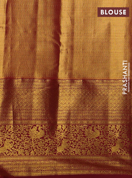 Kanchipuram tissue silk saree peach pink and maroon with allover zari woven brocade weaves and long zari woven border