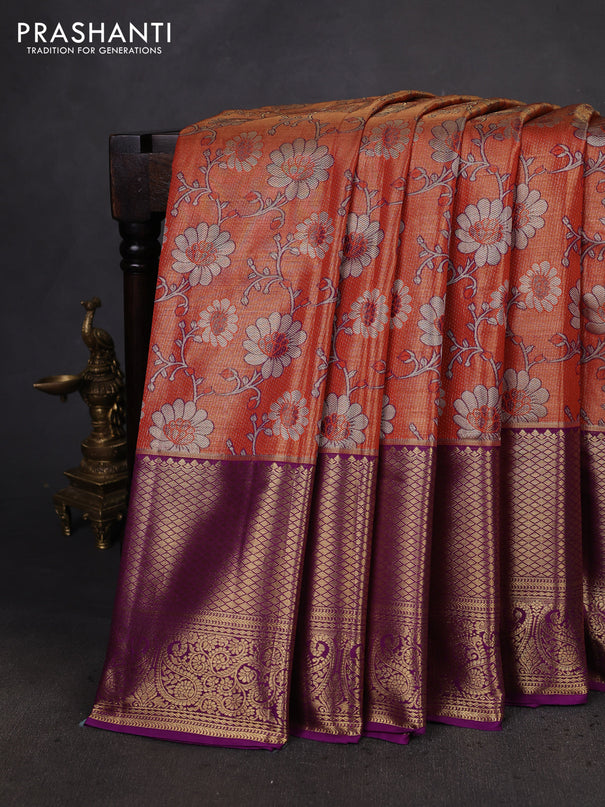 Kanchipuram tissue silk saree orange and purple with allover zari woven brocade weaves and long zari woven border