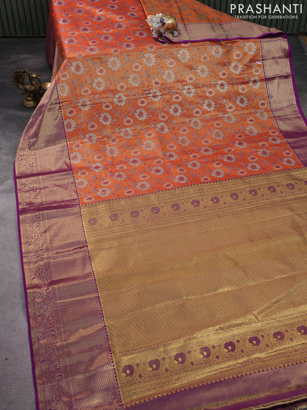 Kanchipuram tissue silk saree orange and purple with allover zari woven brocade weaves and long zari woven border