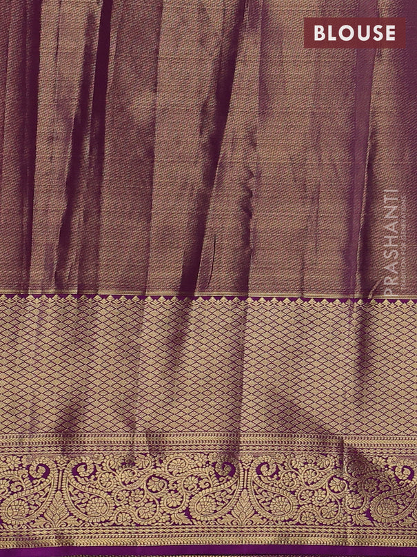 Kanchipuram tissue silk saree orange and purple with allover zari woven brocade weaves and long zari woven border