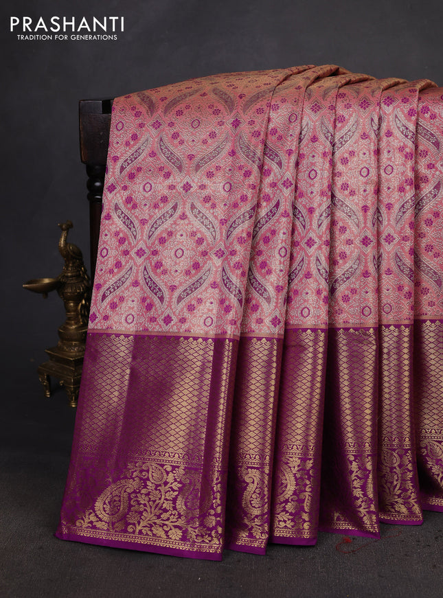 Kanchipuram tissue silk saree peach pink and purple with allover zari woven brocade weaves and long zari woven border
