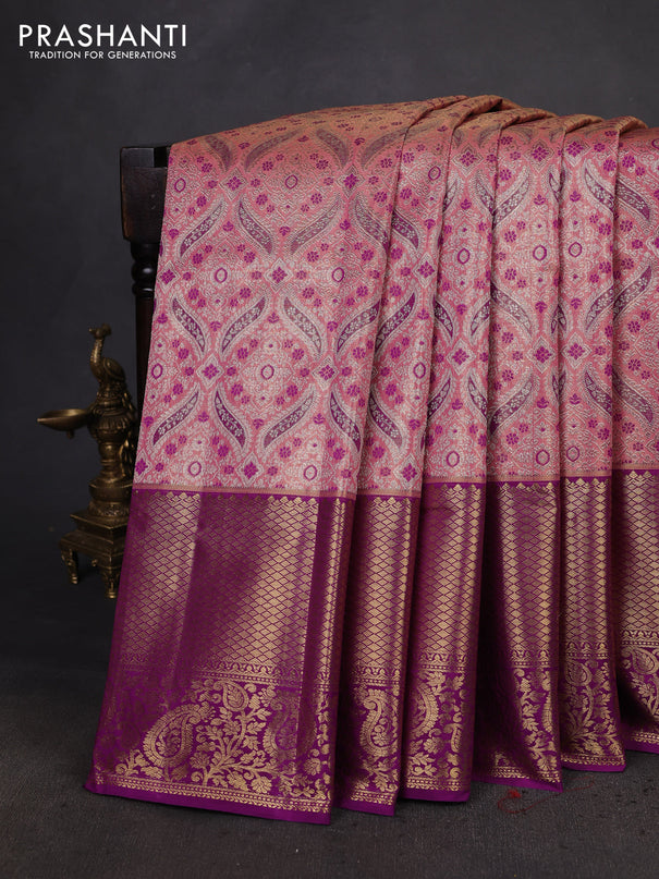 Kanchipuram tissue silk saree peach pink and purple with allover zari woven brocade weaves and long zari woven border