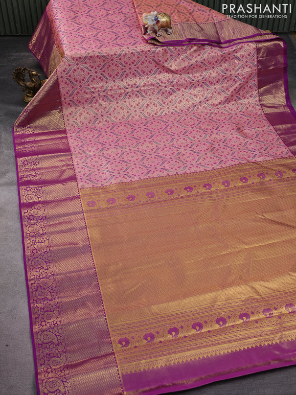 Kanchipuram tissue silk saree peach pink and purple with allover zari woven brocade weaves and long zari woven border