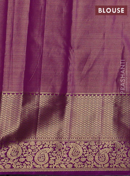 Kanchipuram tissue silk saree peach pink and purple with allover zari woven brocade weaves and long zari woven border