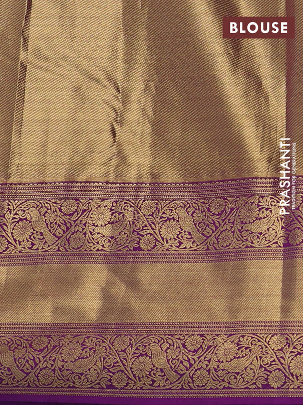 Kanchipuram tissue silk saree teal blue and purple with allover zari woven brocade weaves and long zari woven border