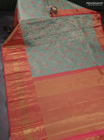 Kanchipuram tissue silk saree teal green and peach with allover zari woven brocade weaves and long zari woven border