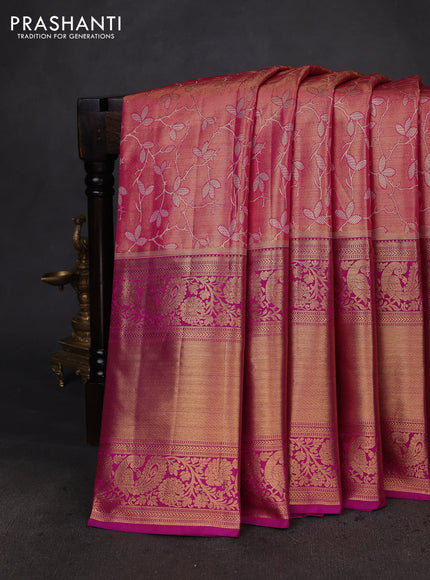 Kanchipuram tissue silk saree pink shade with allover zari woven brocade weaves and long zari woven border