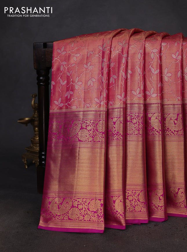 Kanchipuram tissue silk saree pink shade with allover zari woven brocade weaves and long zari woven border