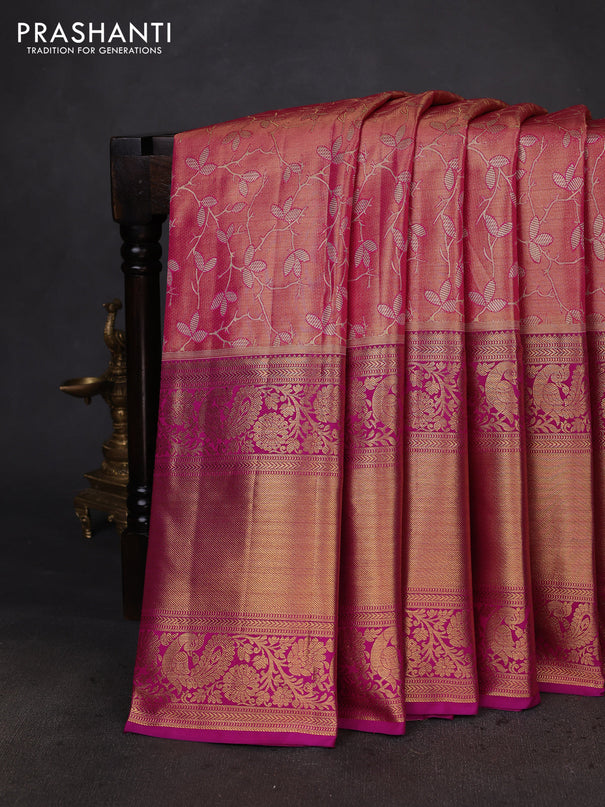 Kanchipuram tissue silk saree pink shade with allover zari woven brocade weaves and long zari woven border