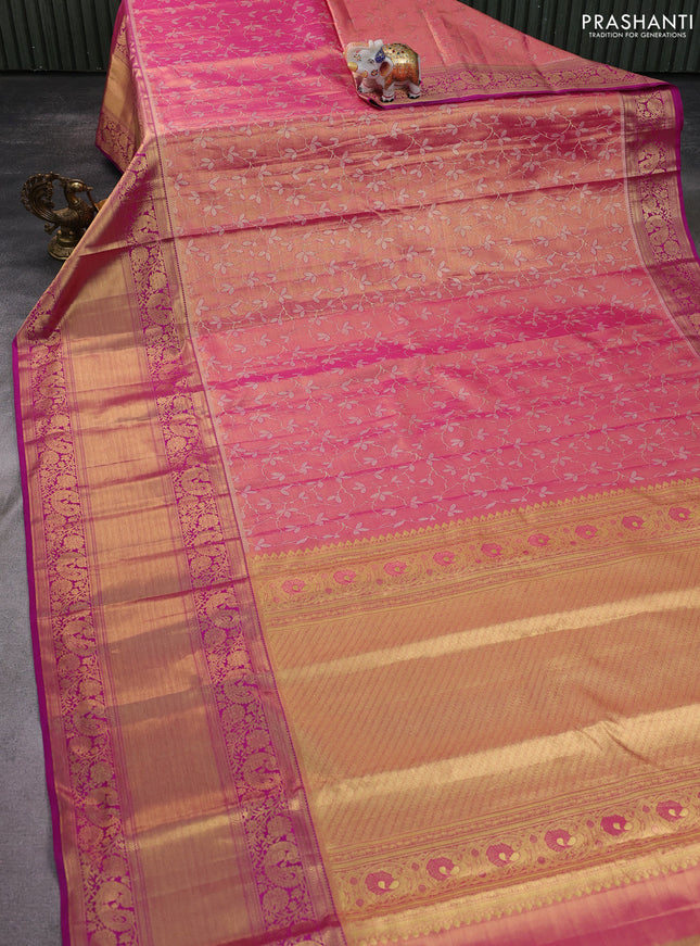 Kanchipuram tissue silk saree pink shade with allover zari woven brocade weaves and long zari woven border