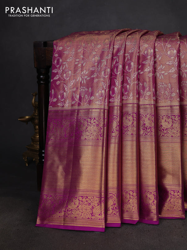 Kanchipuram tissue silk saree purple with allover zari woven brocade weaves and long zari woven border