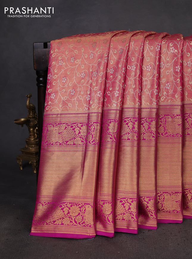 Kanchipuram tissue silk saree pink shade with allover zari woven brocade weaves and long zari woven border