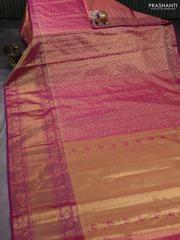 Kanchipuram tissue silk saree pink shade with allover zari woven brocade weaves and long zari woven border