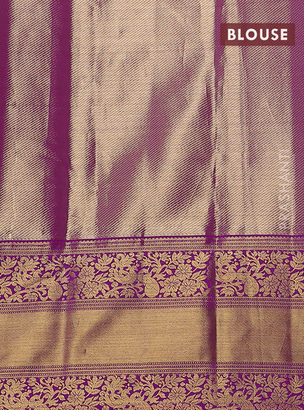 Kanchipuram tissue silk saree sandal and purple with allover zari woven brocade weaves and long zari woven border