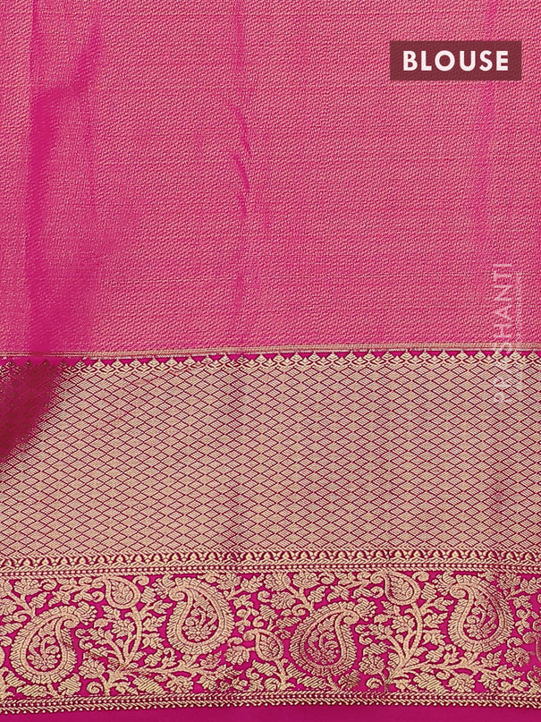 Kanchipuram tissue silk saree mustard yellow and pink with allover zari woven brocade weaves and zari woven border