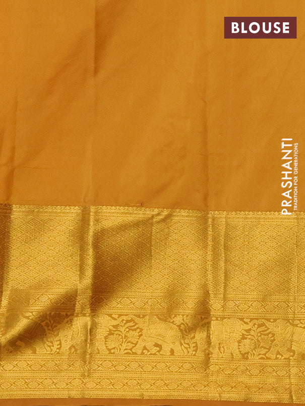 Kanchipuram silk saree mustard yellow with allover zari woven brocade weaves and long zari woven border