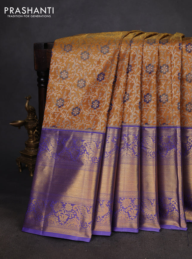 Kanchipuram tissue silk saree mustard yellow and lavender with allover zari woven brocade weaves and long zari woven border