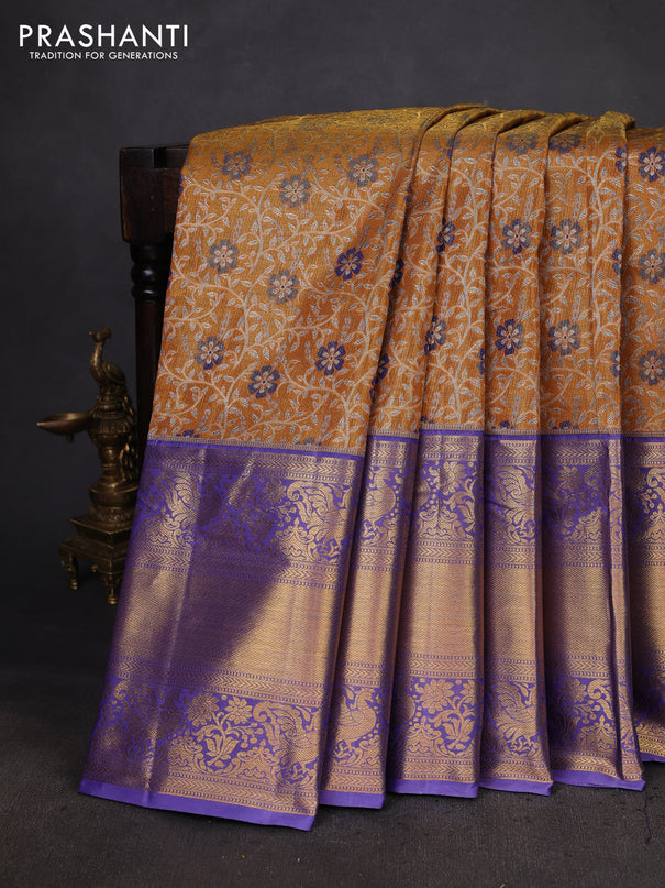 Kanchipuram tissue silk saree mustard yellow and lavender with allover zari woven brocade weaves and long zari woven border