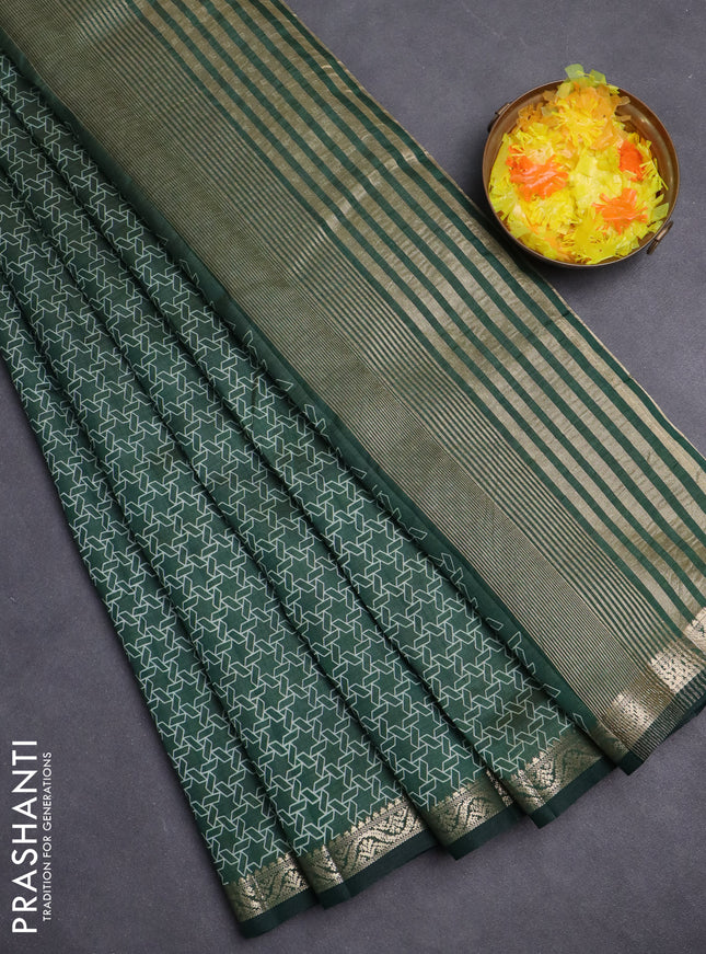 Semi raw silk saree bottle green with allover geometric weaves and zari woven border