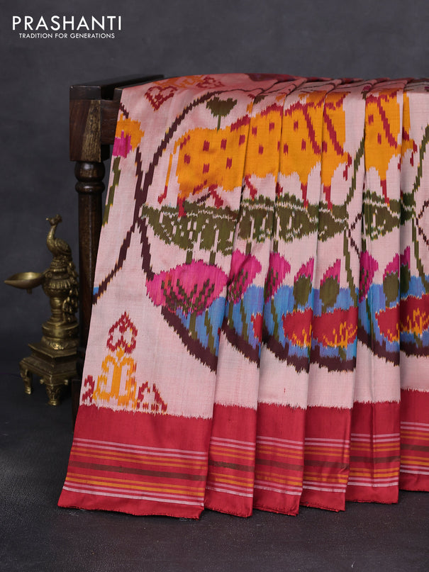 Pochampally silk saree peach shade and red with allover ikat prints and simple border
