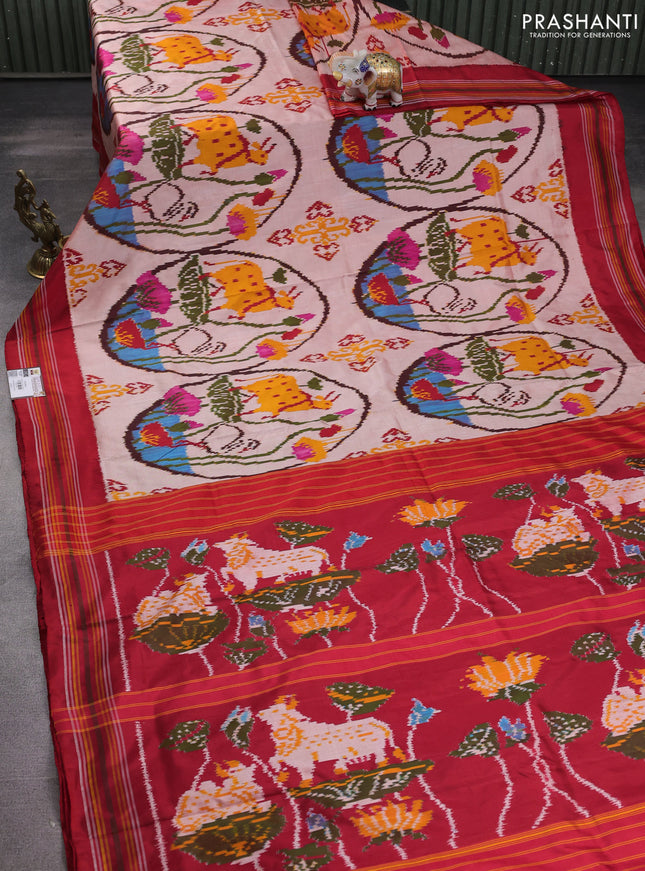 Pochampally silk saree peach shade and red with allover ikat prints and simple border