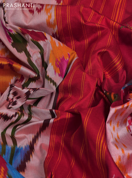 Pochampally silk saree peach shade and red with allover ikat prints and simple border