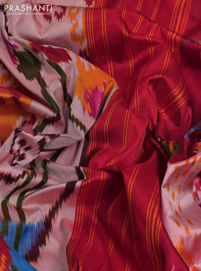 Pochampally silk saree peach shade and red with allover ikat prints and simple border