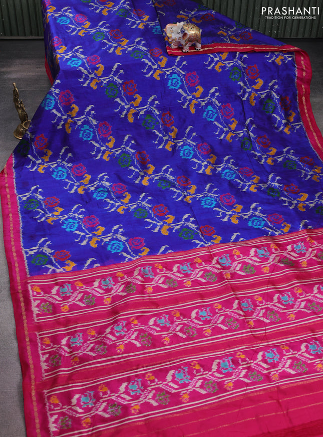 Pochampally silk saree blue and pink with allover ikat prints and zari woven border