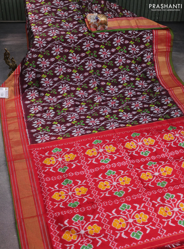 Pochampally silk saree deep maroon and red with allover ikat prints and zari woven border