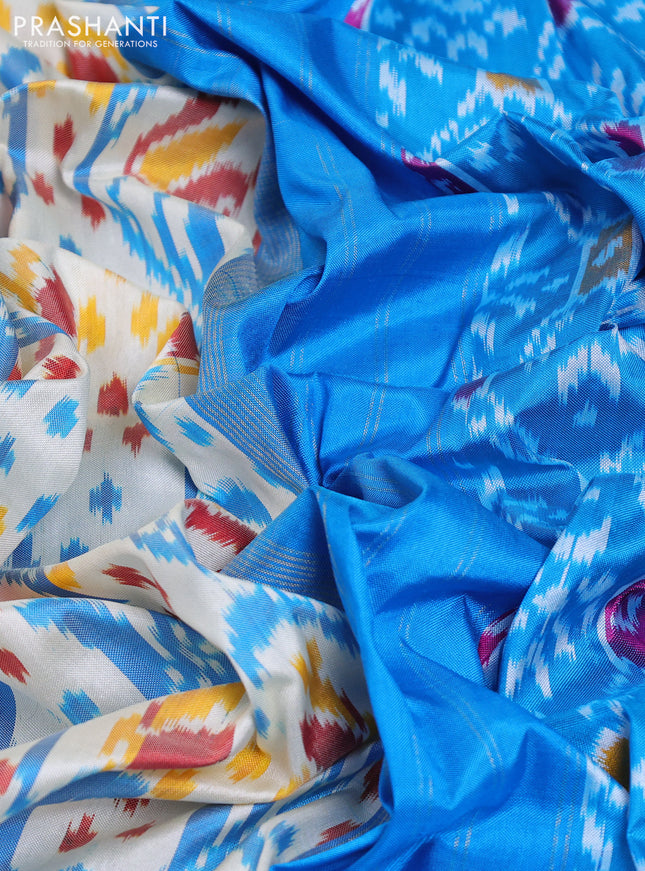 Pochampally silk saree off white and cs blue with allover ikat prints and zari woven border