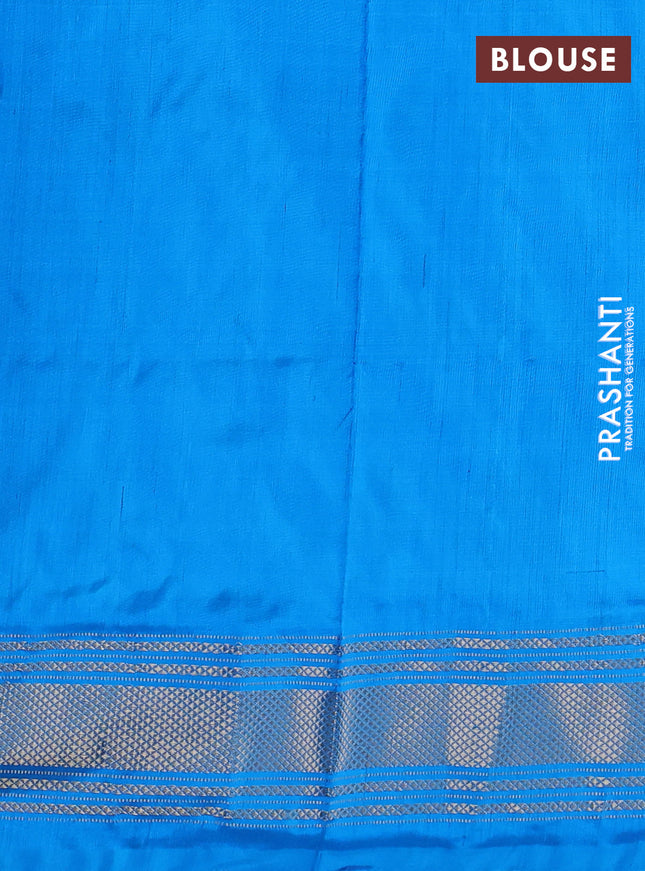 Pochampally silk saree off white and cs blue with allover ikat prints and zari woven border
